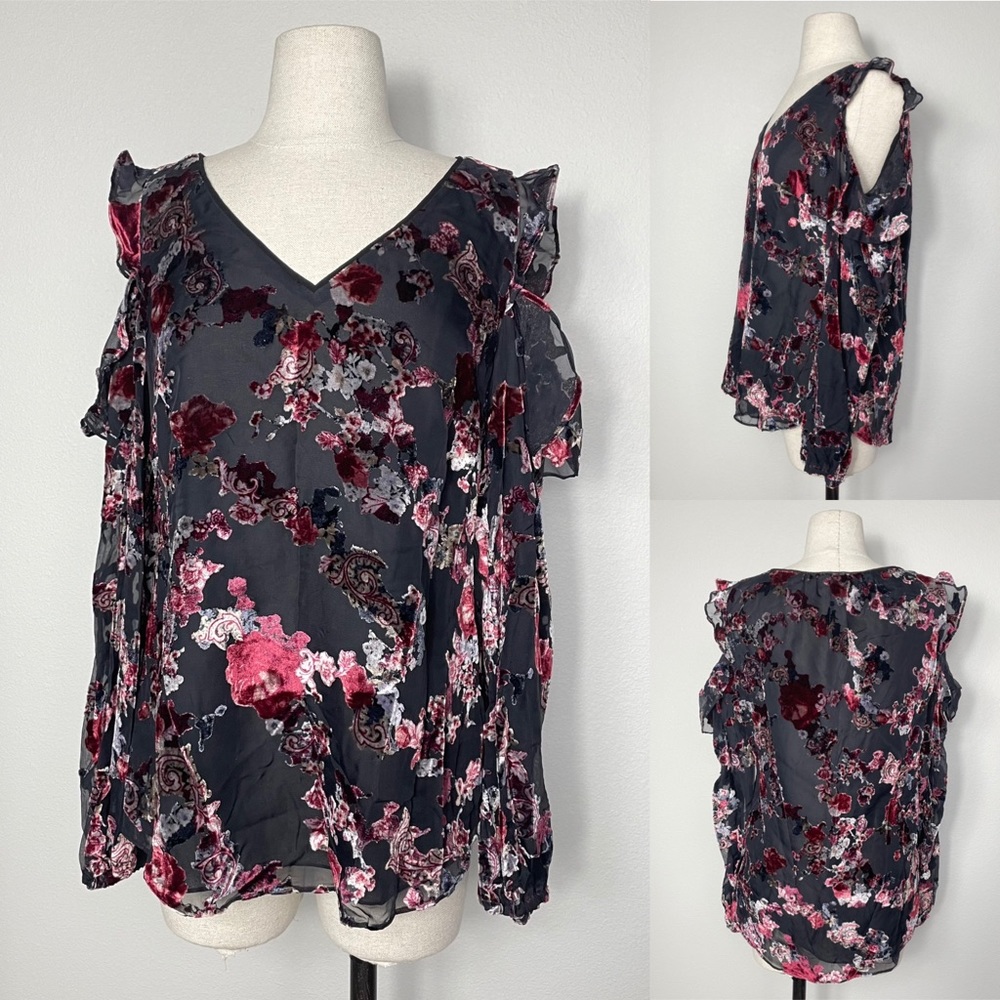 WHITE HOUSE BLACK MARKET velour floral cold shoulder ruffle blouse | 6